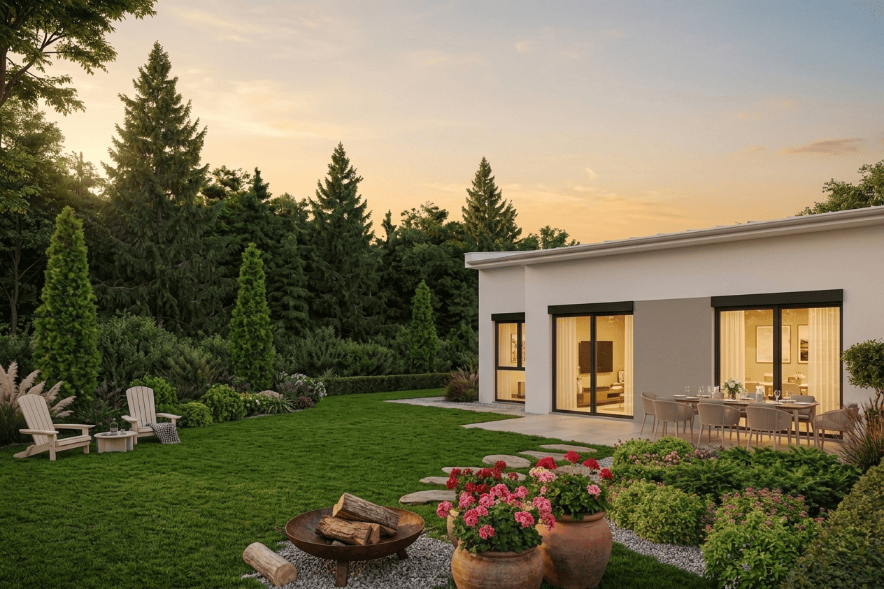 Weiße Immobilie mit Garten